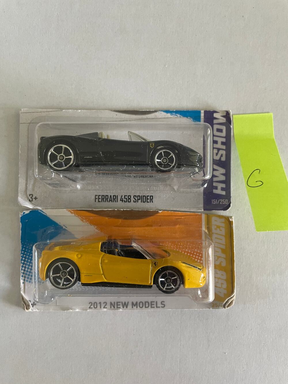 2 Ferrari 458 Spider 2012 Black Yellow Mattel Hot Wheels Toy Cars NEW
